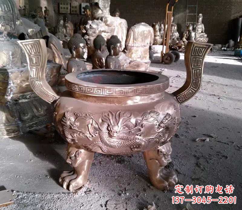 廊坊寺庙龙浮雕圆铜雕香炉