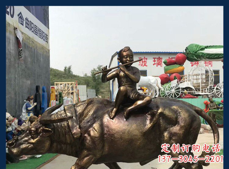 廊坊田园铜雕木头骑黄牛动物雕塑