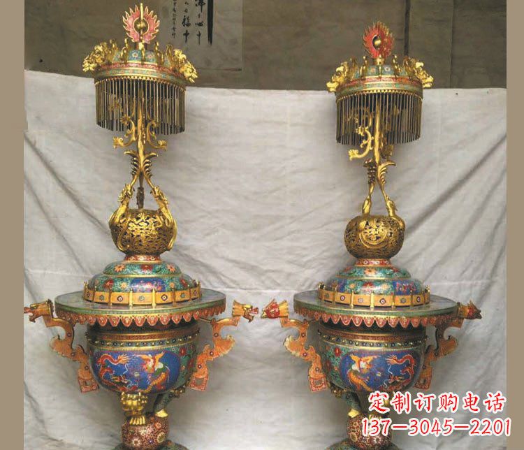 廊坊铜雕彩绘香炉景观摆件