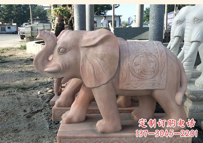 廊坊晚霞红鼻卷元宝大象门口石雕_1