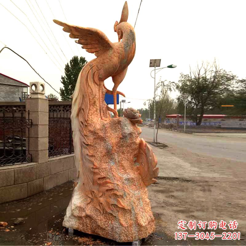 廊坊晚霞红大理石瑞鸟凤凰雕塑