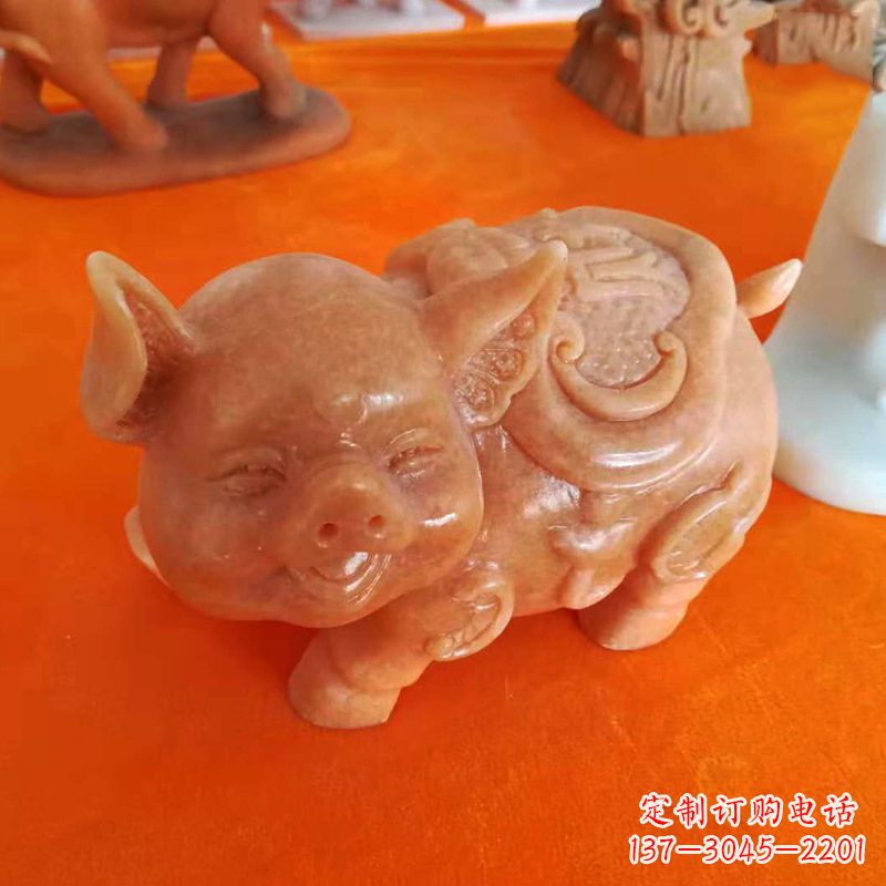 廊坊晚霞红大理石招财猪雕塑-企业商场创意生肖动物风水摆件