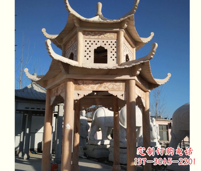 廊坊晚霞红公园双层六角凉亭石雕 (2)