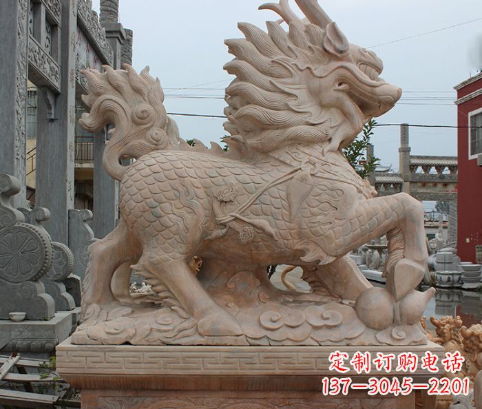 廊坊晚霞红古代神兽麒麟石雕