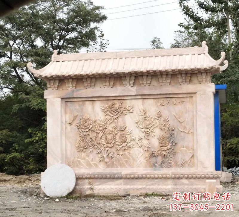 廊坊晚霞红花开盛世浮雕影壁
