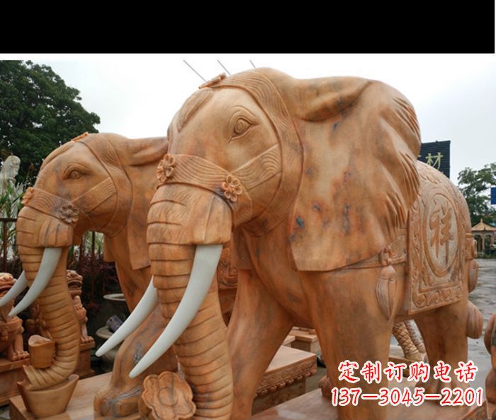 廊坊晚霞红吉祥如意门口镇宅招财大象石雕 (3)