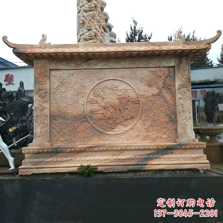 廊坊晚霞红麒麟影壁墙石雕