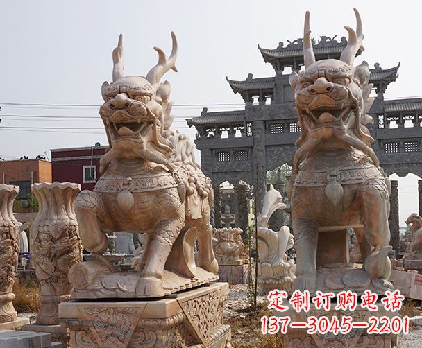 廊坊晚霞红瑞兽麒麟石雕 (2)