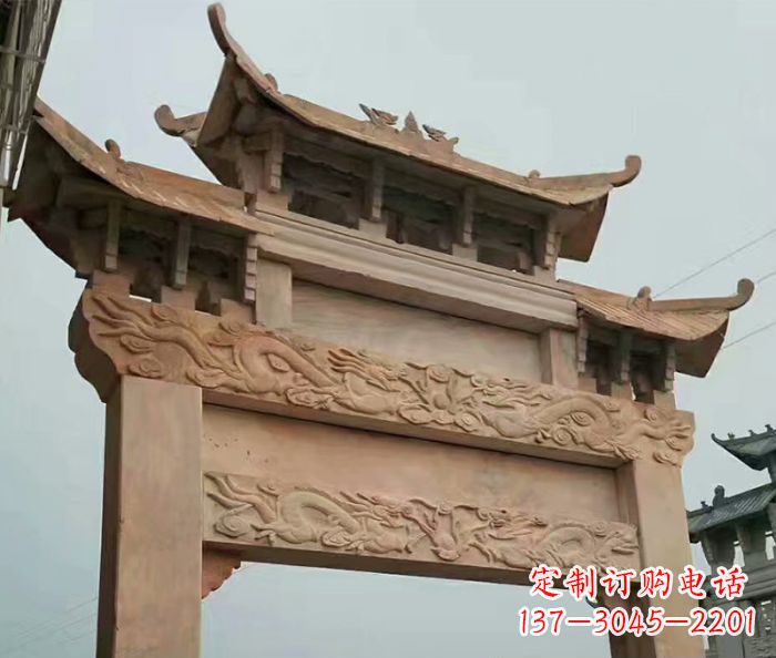 廊坊晚霞红石雕单门牌坊