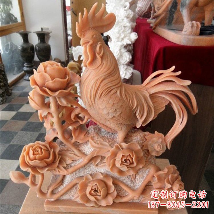 廊坊晚霞红石雕公鸡雕塑