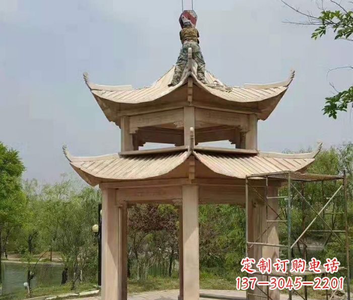 廊坊晚霞红双层凉亭石雕 (2)