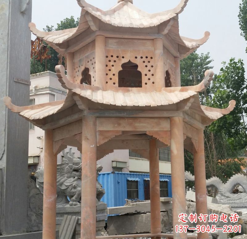廊坊晚霞红双层六角凉亭石雕 (2)
