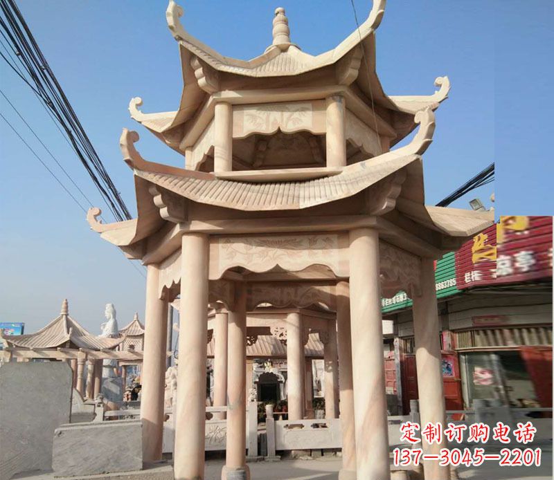 廊坊晚霞红双层六角凉亭石雕 (3)