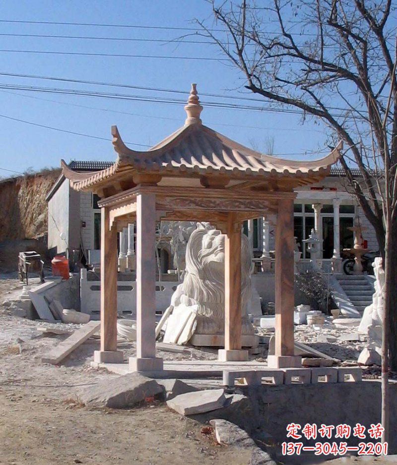 廊坊晚霞红四角凉亭景观石雕