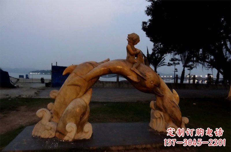 廊坊西方儿童骑海豚石雕