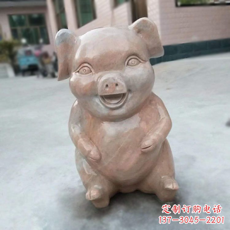 廊坊喜庆的石雕猪-晚霞红大理石生肖动物雕塑