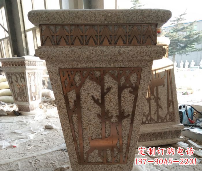 廊坊小区大理石梅花鹿石浮雕花盆