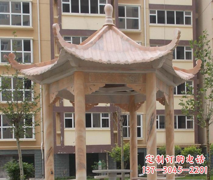 廊坊小区晚霞红六角凉亭石雕