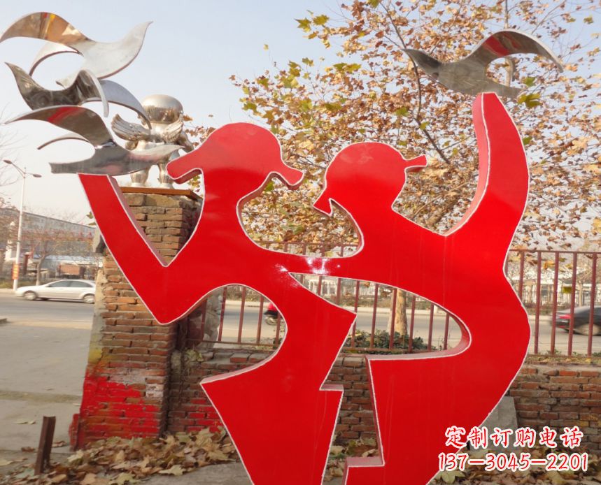 廊坊校园不锈钢剪影人物和和平鸽雕塑