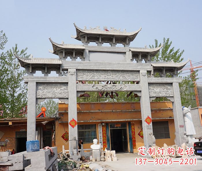 廊坊园林仿古三门牌坊石雕 (5)