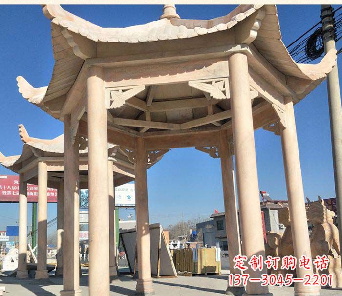 廊坊园林景观晚霞红六角石雕凉亭 (2)