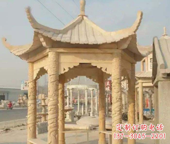 廊坊园林景观晚霞红六角石雕凉亭 (3)