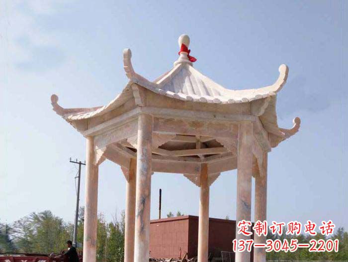 廊坊园林景观晚霞红六角石雕凉亭