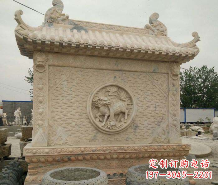 廊坊园林景观晚霞红石雕影壁