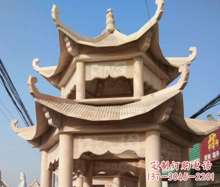 廊坊园林景观晚霞红双层石雕凉亭 (2)