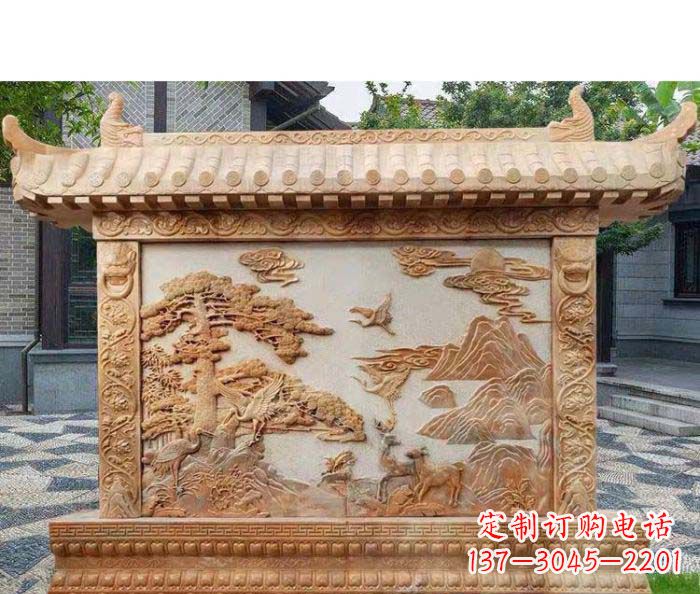 廊坊园林景观晚霞红松鹤石浮雕影壁