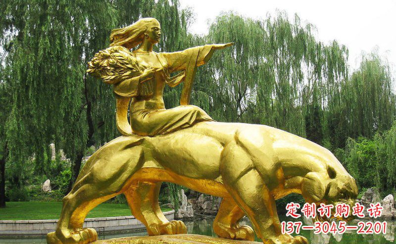 廊坊园林骑老虎的美女人物鎏金景观铜雕