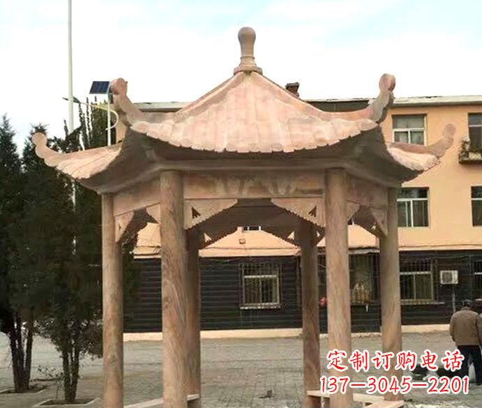廊坊园林晚霞红六角石雕凉亭