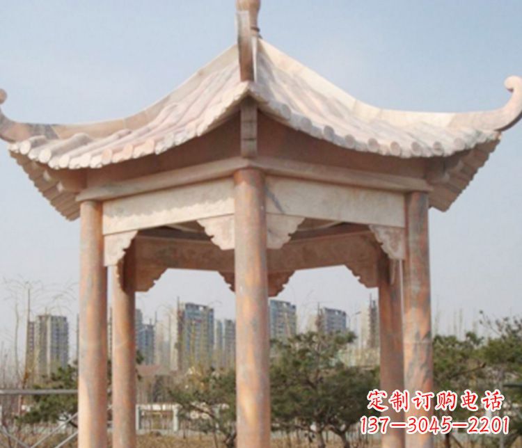 廊坊园林晚霞红六角石凉亭景观石雕