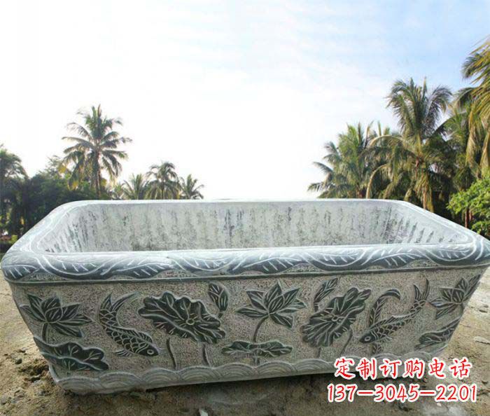 廊坊长方形连年有余荷花浮雕石水缸