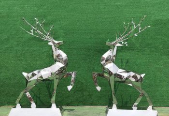 廊坊梅花鹿雕塑-公园两只不锈钢镜面梅花鹿雕塑