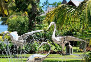 廊坊鹤雕塑-公园池塘不锈钢镜面抽象喷泉中的鹤雕塑