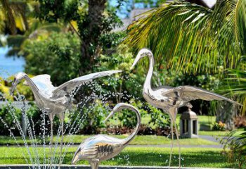 廊坊仙鹤雕塑-公园池塘不锈钢喷泉中的仙鹤雕塑